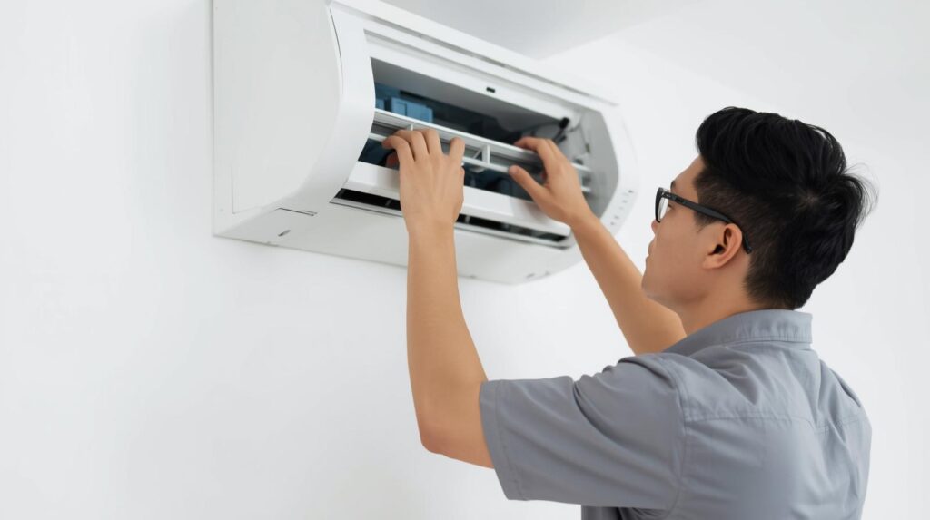 génère des images ayant un fond blanc. ne met pas de texte et montre surtout une image de climatiseur avec un artisan en plein travail