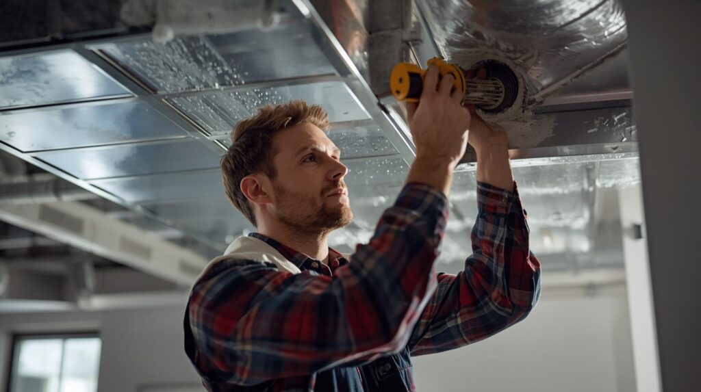 génère une image claire avec la lumière électrique en journée et humaine de qualité montrant un artisan chauffagiste en train de faire un nettoyage de conduits