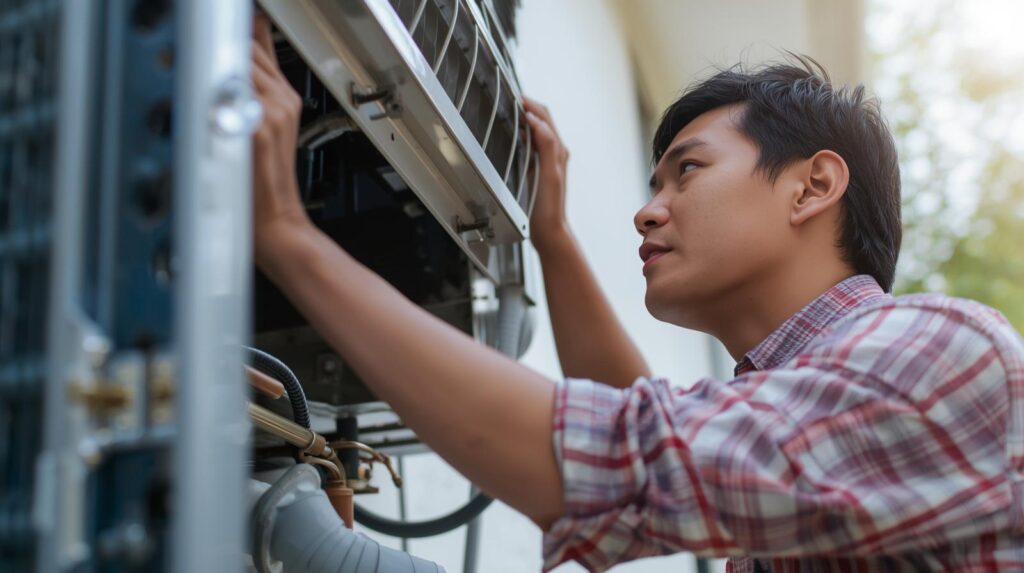 génère une image très claire en journée et sans aucun ombre montrant un artisan chauffagiste en train de faire une réparation de climatisation (1)