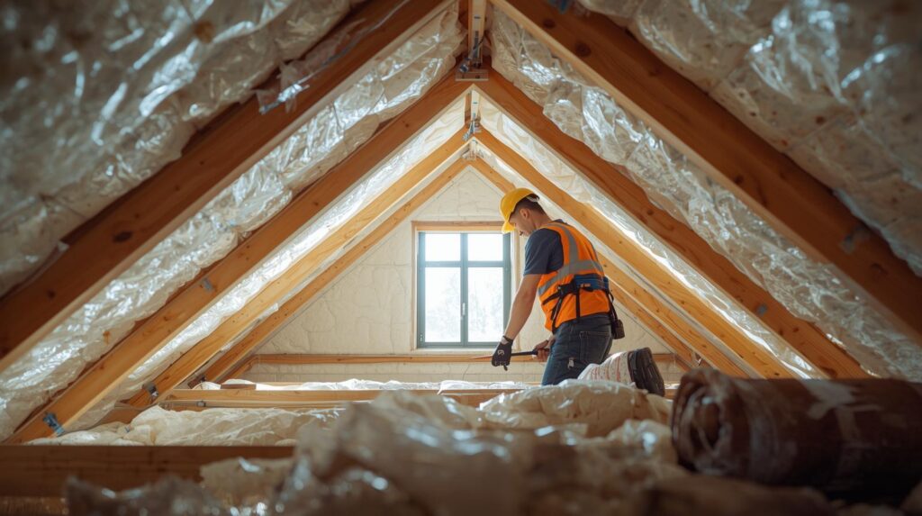 génère une image très claire sans aucun ombre de qualité montrant un artisan chauffagiste en train de faire une isolation des combles