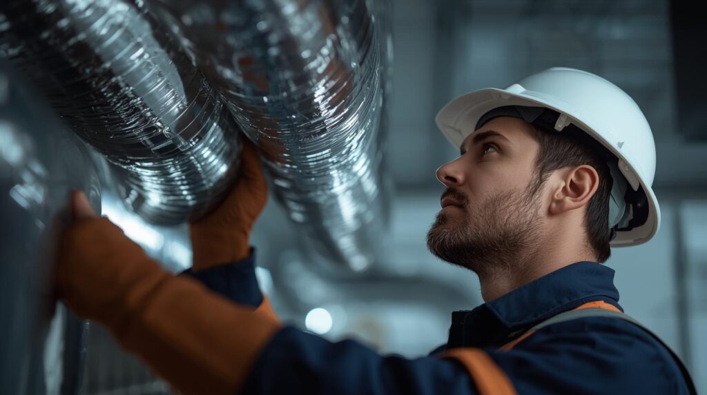 génère une image très claire sans aucun ombre en journée et humaine de qualité montrant un artisan chauffagiste en train de faire un revêtement de conduits (1)